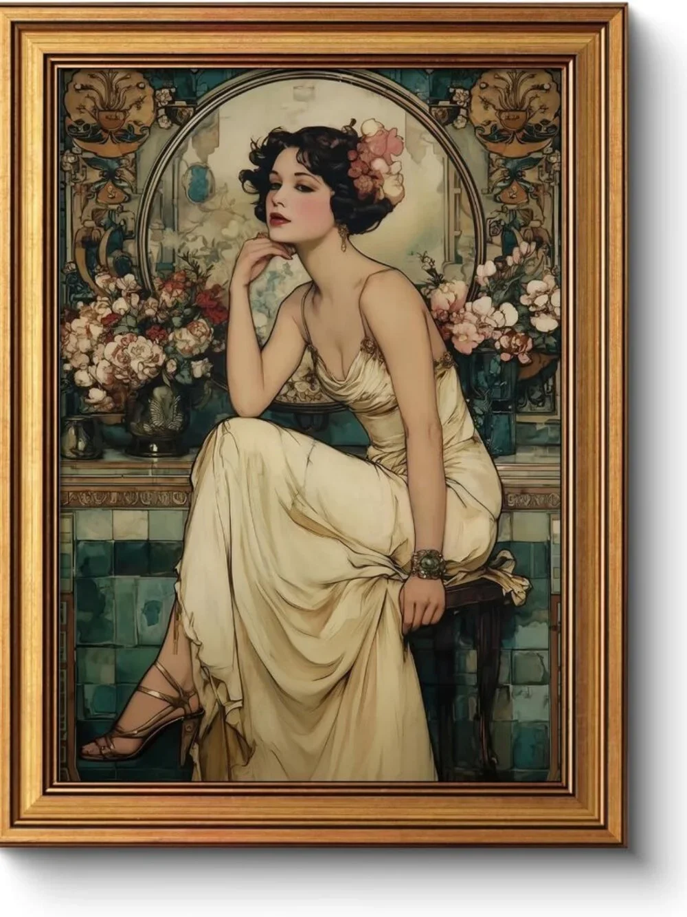 Vintage Floral Wall Art Print - 1920s Girl Painting in Gold Frame, Elegant Home